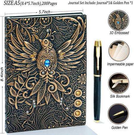 Embossed Leather Journal Writing Notebook - Antique Handmade Leather Daily Notepad Sketchbook, Travel Diary & Notebooks to Write In, Phoenix Gift for Men & Women, with Golden Classic Pen, (Bronze)
