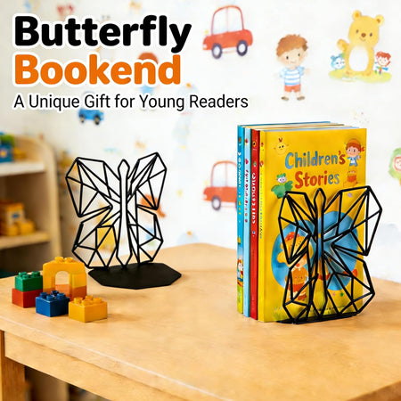 Bookends Geometric Decorative Metal Book Stoppers Abstract Creative Book Supports, Book Holders for Shelves, Butterfly Book Ends for Office 1 Pair (Black)