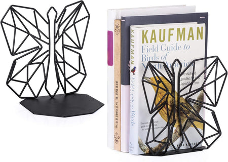 Bookends Geometric Decorative Metal Book Stoppers Abstract Creative Book Supports, Book Holders for Shelves, Butterfly Book Ends for Office 1 Pair (Black)