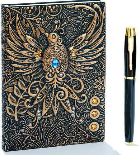 Embossed Leather Journal Writing Notebook - Antique Handmade Leather Daily Notepad Sketchbook, Travel Diary & Notebooks to Write In, Phoenix Gift for Men & Women, with Golden Classic Pen, (Bronze)