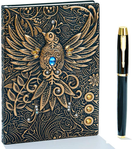 Embossed Leather Journal Writing Notebook - Antique Handmade Leather Daily Notepad Sketchbook, Travel Diary & Notebooks to Write In, Phoenix Gift for Men & Women, with Golden Classic Pen, (Bronze)