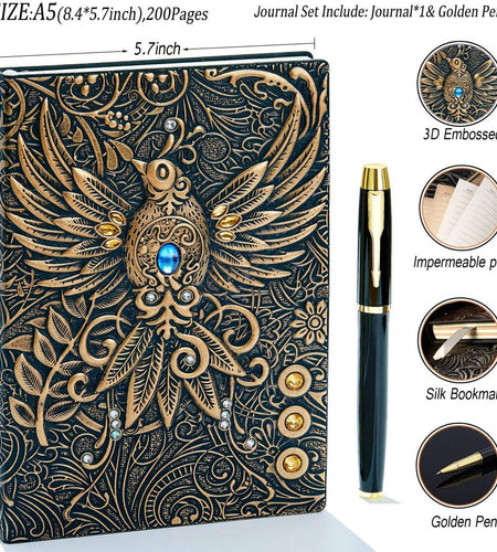 Embossed Leather Journal Writing Notebook - Antique Handmade Leather Daily Notepad Sketchbook, Travel Diary & Notebooks to Write In, Phoenix Gift for Men & Women, with Golden Classic Pen, (Bronze)