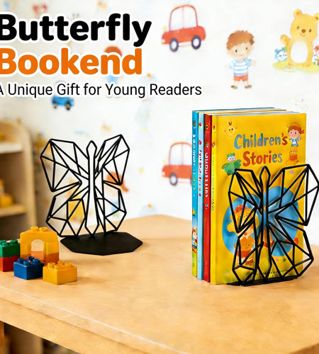 Bookends Geometric Decorative Metal Book Stoppers Abstract Creative Book Supports, Book Holders for Shelves, Butterfly Book Ends for Office 1 Pair (Black)