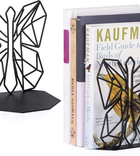 Bookends Geometric Decorative Metal Book Stoppers Abstract Creative Book Supports, Book Holders for Shelves, Butterfly Book Ends for Office 1 Pair (Black)