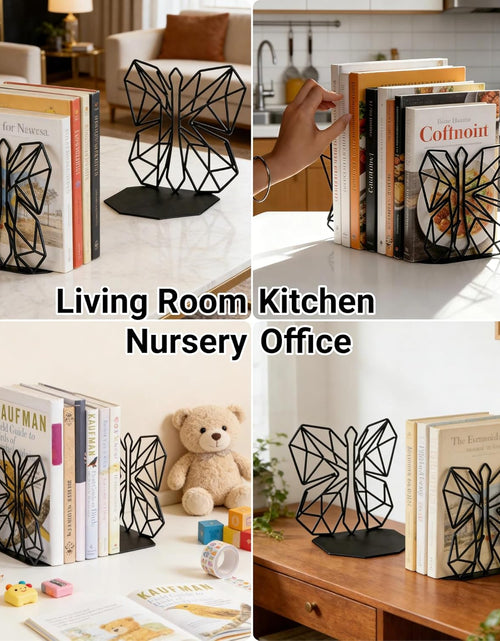 Load image into Gallery viewer, Bookends Geometric Decorative Metal Book Stoppers Abstract Creative Book Supports, Book Holders for Shelves, Butterfly Book Ends for Office 1 Pair (Black)
