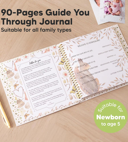 First 5 Years Baby Memory Book Girl, Boy - 90 Pages Hardcover First Year Milestone Keepsake Book, Newborn Scrapbook for New Parents, Minimalist Photo Album Journal, New Mom Gifts (Wonderland)