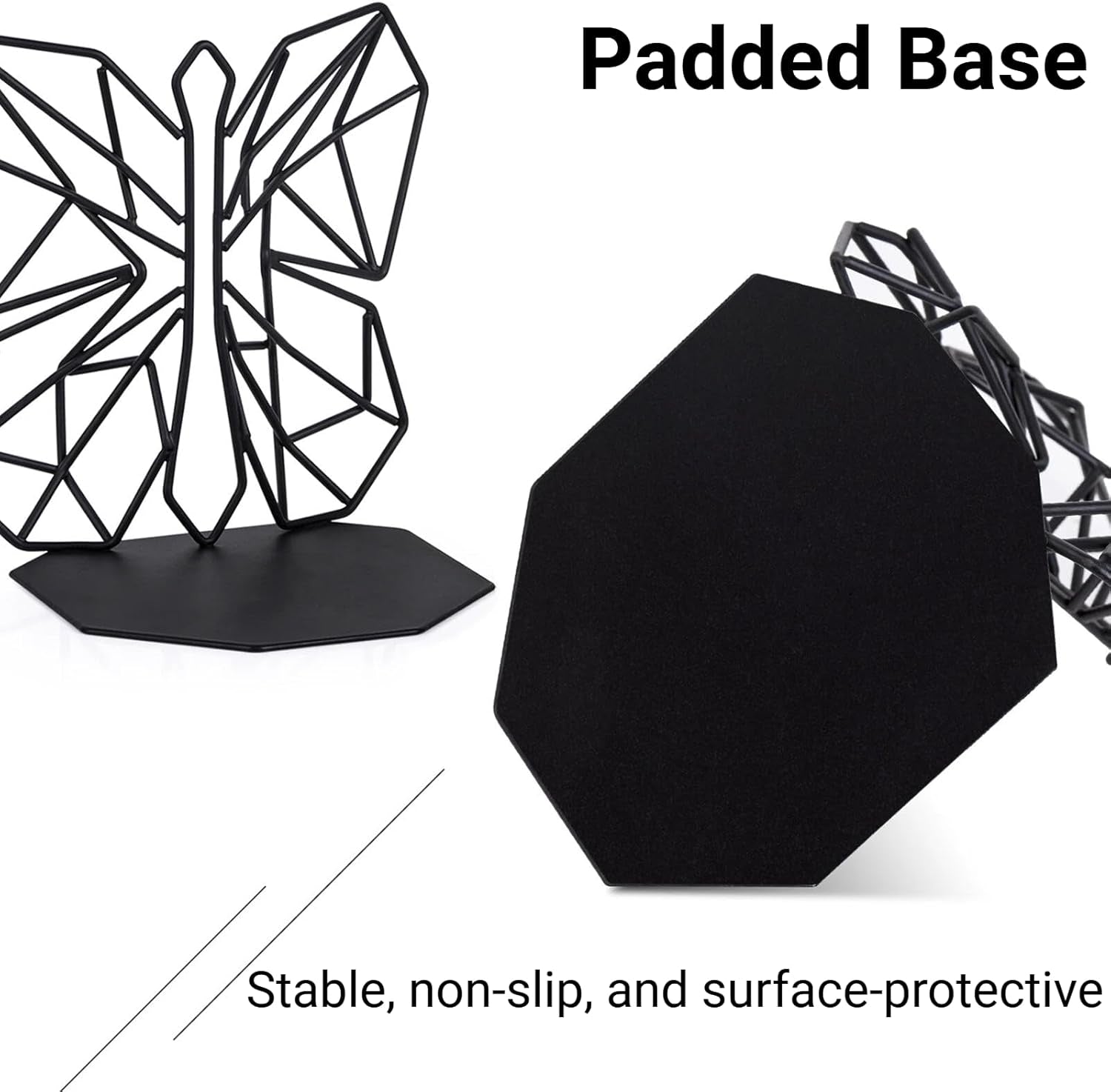 Bookends Geometric Decorative Metal Book Stoppers Abstract Creative Book Supports, Book Holders for Shelves, Butterfly Book Ends for Office 1 Pair (Black)